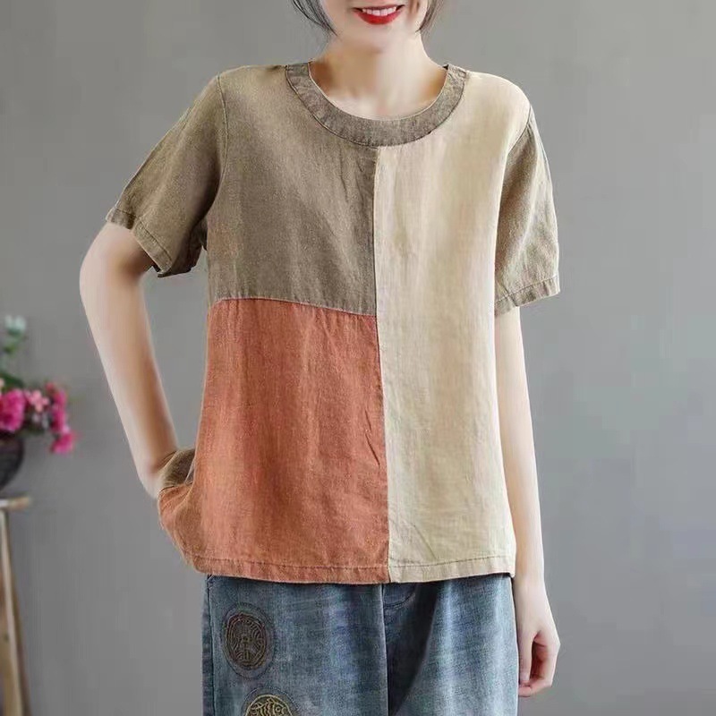 Cotton Linen Contrast Color T-shirt Artistic Design Half Sleeve Women - Image 8