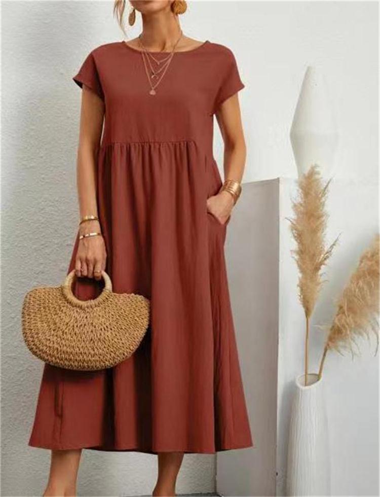 Solid Color Fashion Lantern Sleeve Loose Cotton Linen Skirt
