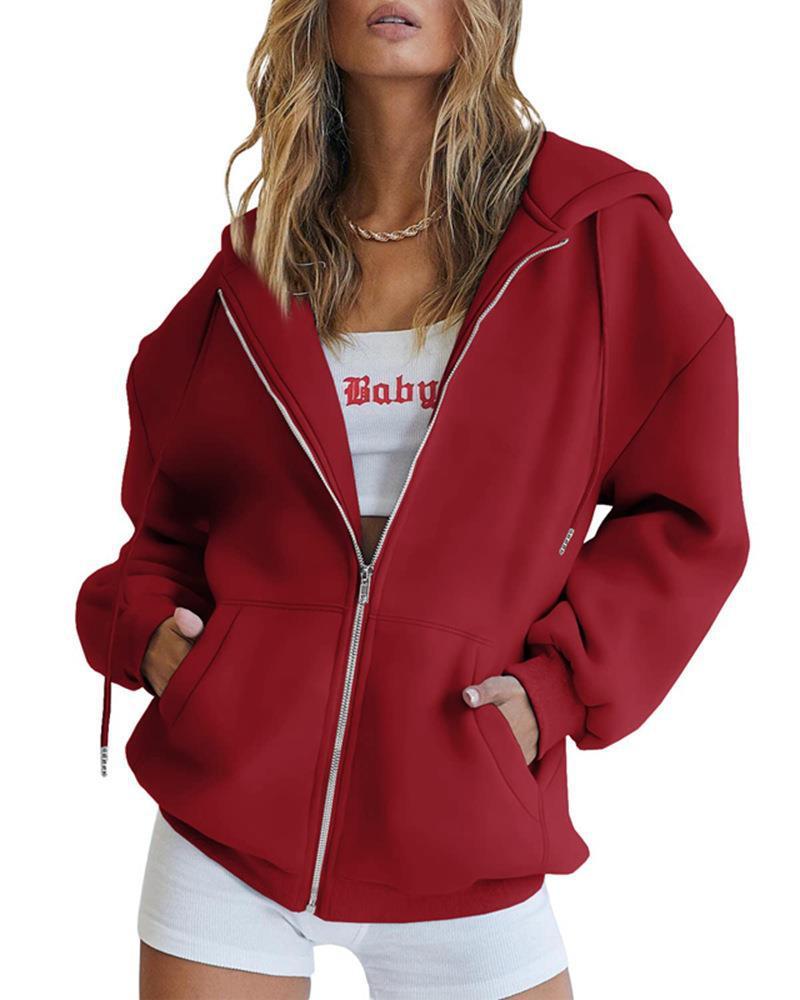 Women's Fashion Casual Solid Color Drawstring Zipper Hooded Sweatshirt - Image 2
