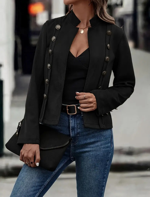 Women's Solid Color Double-breasted Decorative Deerskin Velvet Retro Long-sleeved Jacket - Image 7