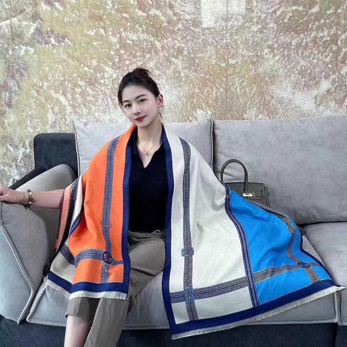 Korean Style Contrast Color Artificial Cashmere Scarf Women's New Winter - Image 9