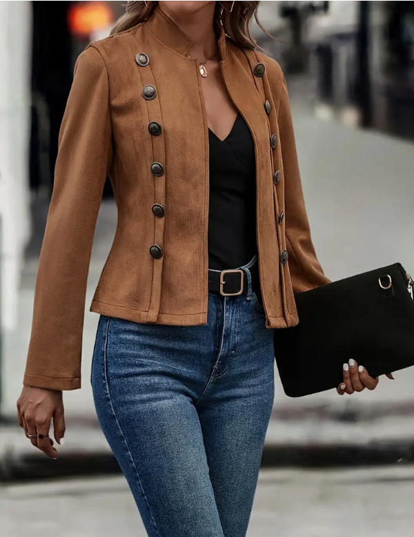 Women's Solid Color Double-breasted Decorative Deerskin Velvet Retro Long-sleeved Jacket - Image 2
