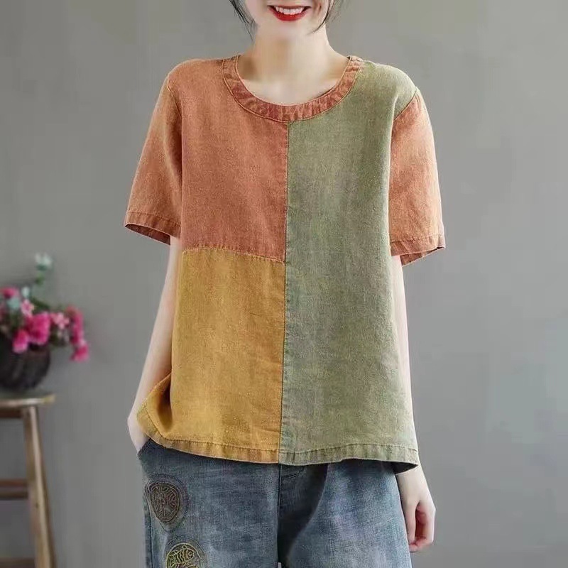 Cotton Linen Contrast Color T-shirt Artistic Design Half Sleeve Women - Image 5
