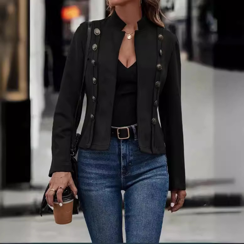 Women's Solid Color Double-breasted Decorative Deerskin Velvet Retro Long-sleeved Jacket - Image 4