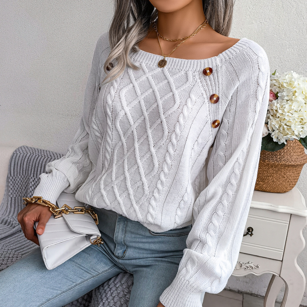 Square Neck Button Fried Dough Twists Knitting Pullover Sweater - Image 6