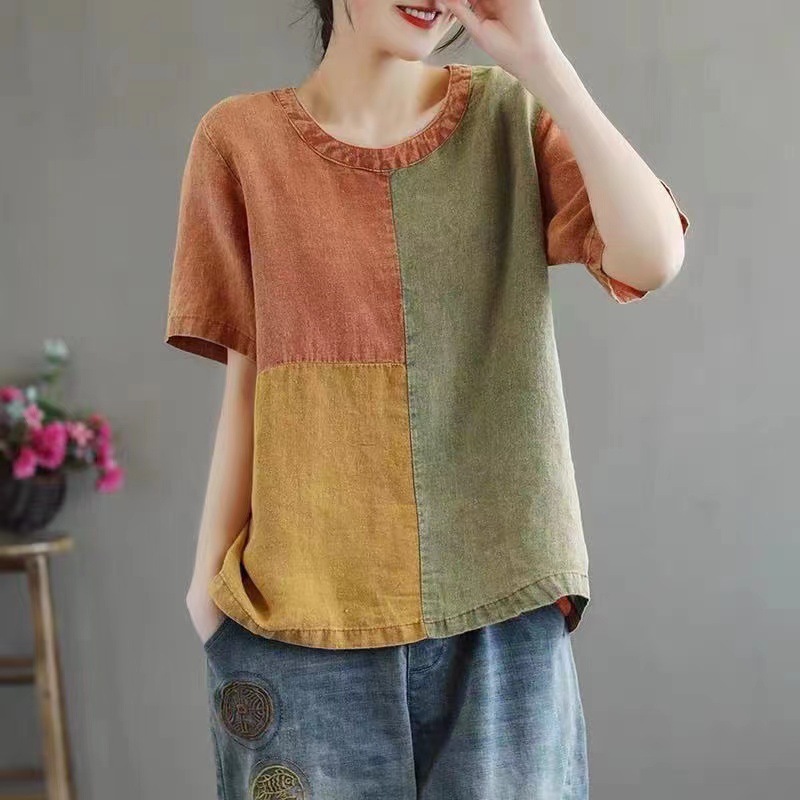 Cotton Linen Contrast Color T-shirt Artistic Design Half Sleeve Women - Image 6