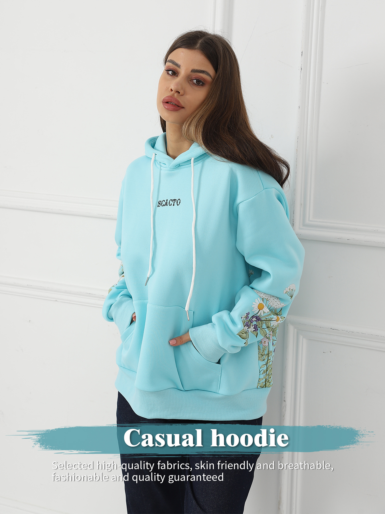 Women's Solid Color Floral Long Sleeved Sweatshirt - Image 2