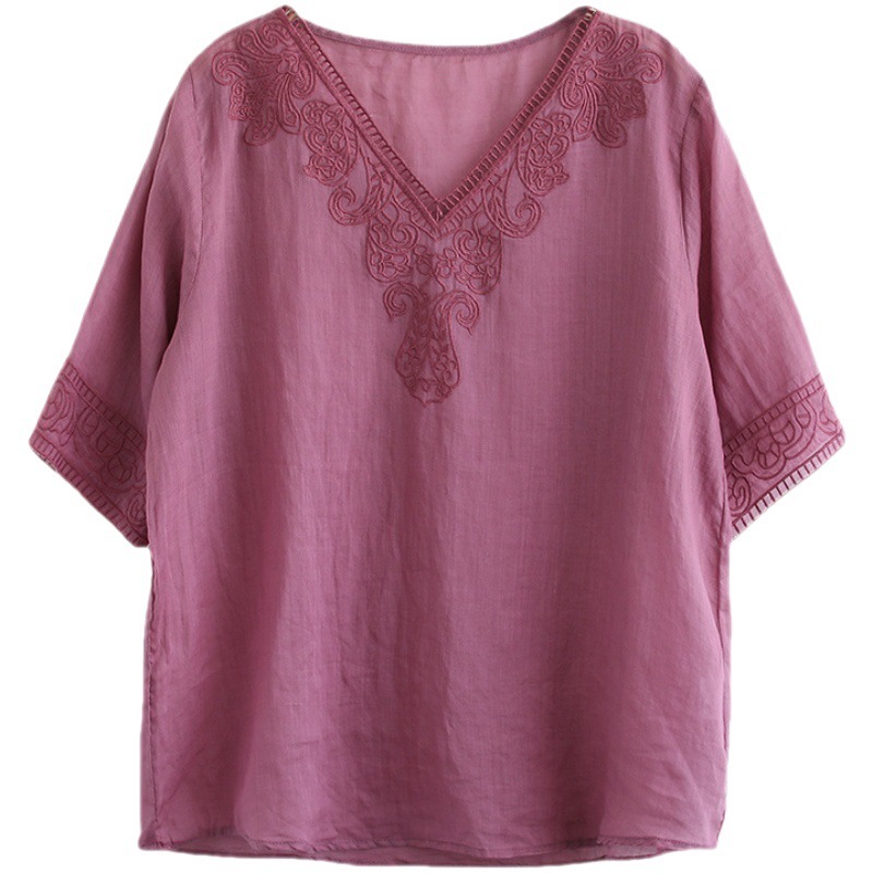 Women's Fashion Retro Cotton And Linen Embroidered V-neck Short-sleeved T-shirt - Image 8