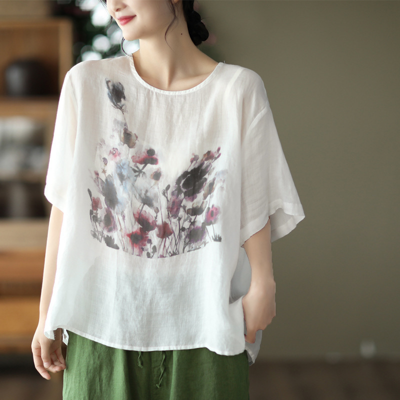 Summer New Vintage Ink Print Front Short Back Long Casual T-shirt - Image 5