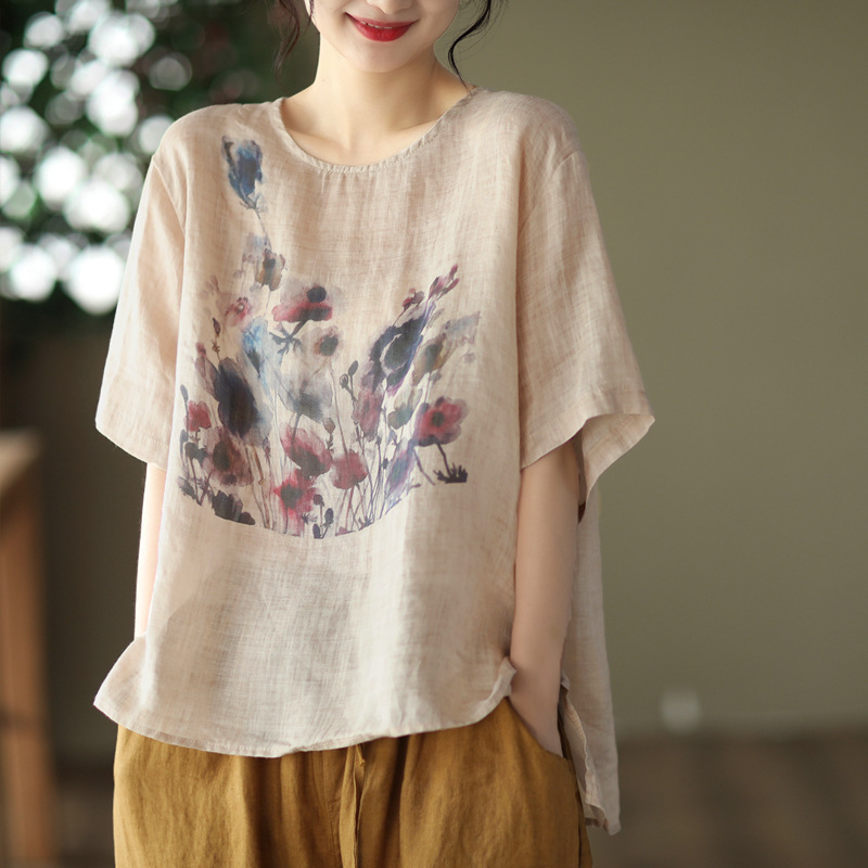 Summer New Vintage Ink Print Front Short Back Long Casual T-shirt - Image 4