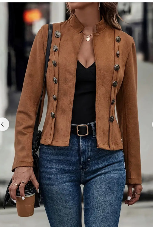 Women's Solid Color Double-breasted Decorative Deerskin Velvet Retro Long-sleeved Jacket - Image 3