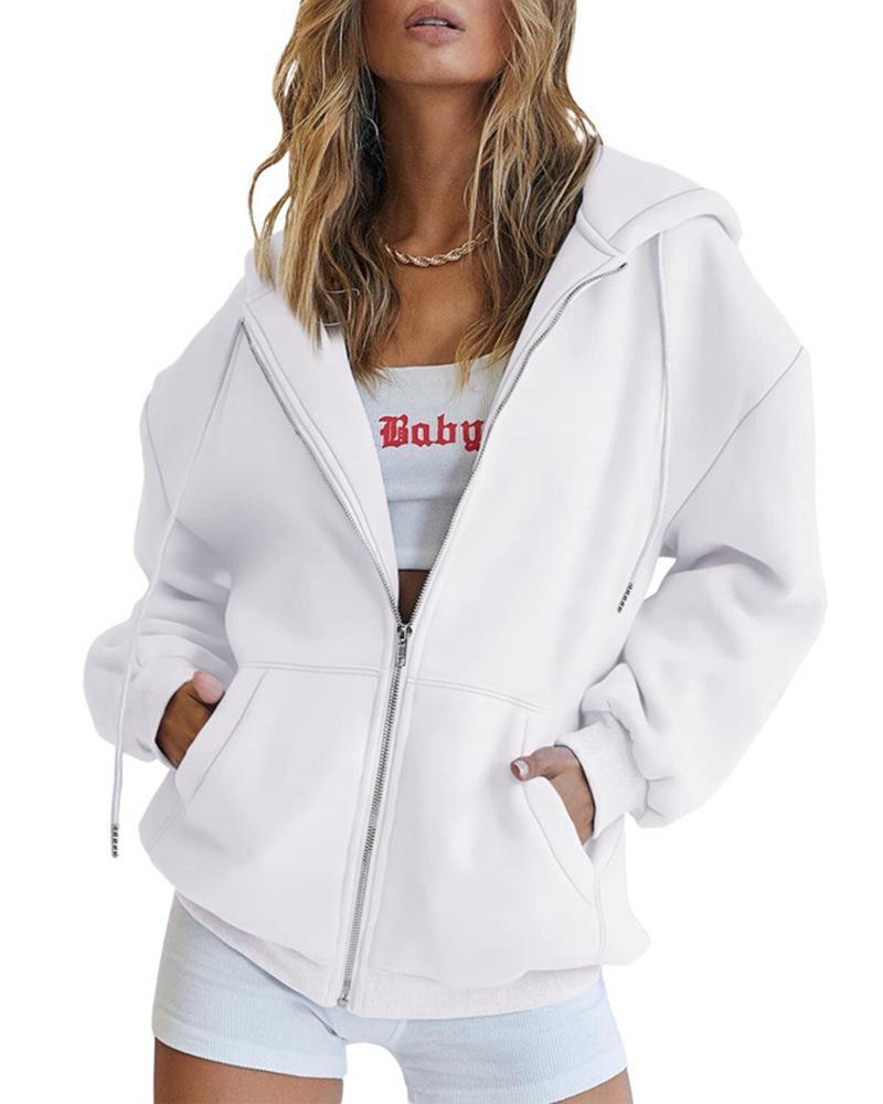 Women's Fashion Casual Solid Color Drawstring Zipper Hooded Sweatshirt - Image 8