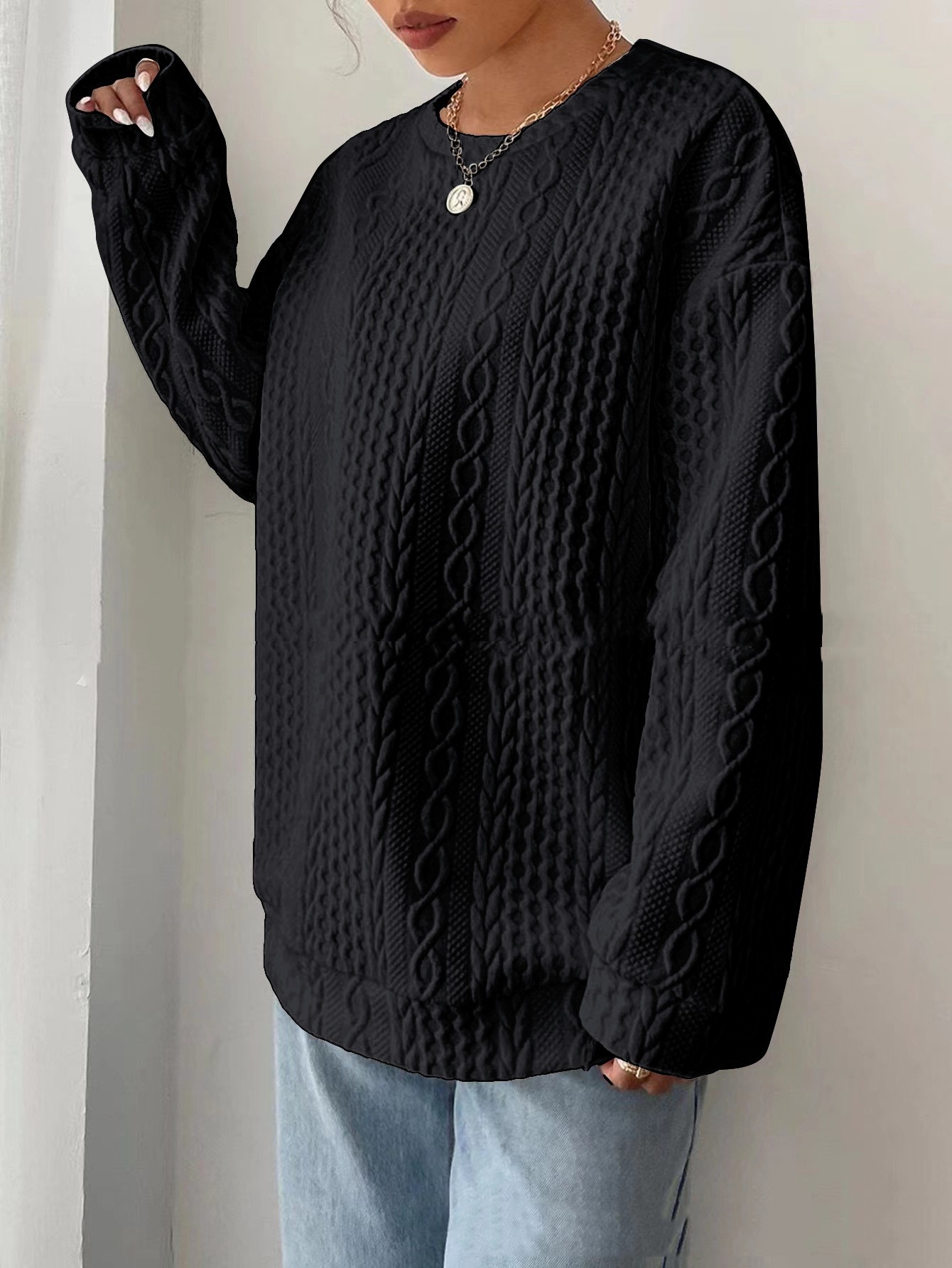 Women's Casual Jacquard Oversized Round Neck Hoodie - Image 5