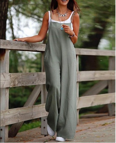 Women's Sleeveless Jumpsuit With Pockets And Adjustable Shoulder Strap Fashion Loose Wide Leg Straight Overalls Summer Beach Trousers - Image 8