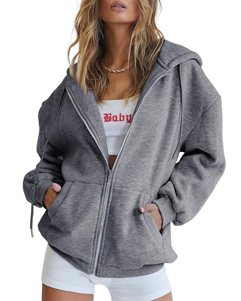Women's Fashion Casual Solid Color Drawstring Zipper Hooded Sweatshirt - Image 7