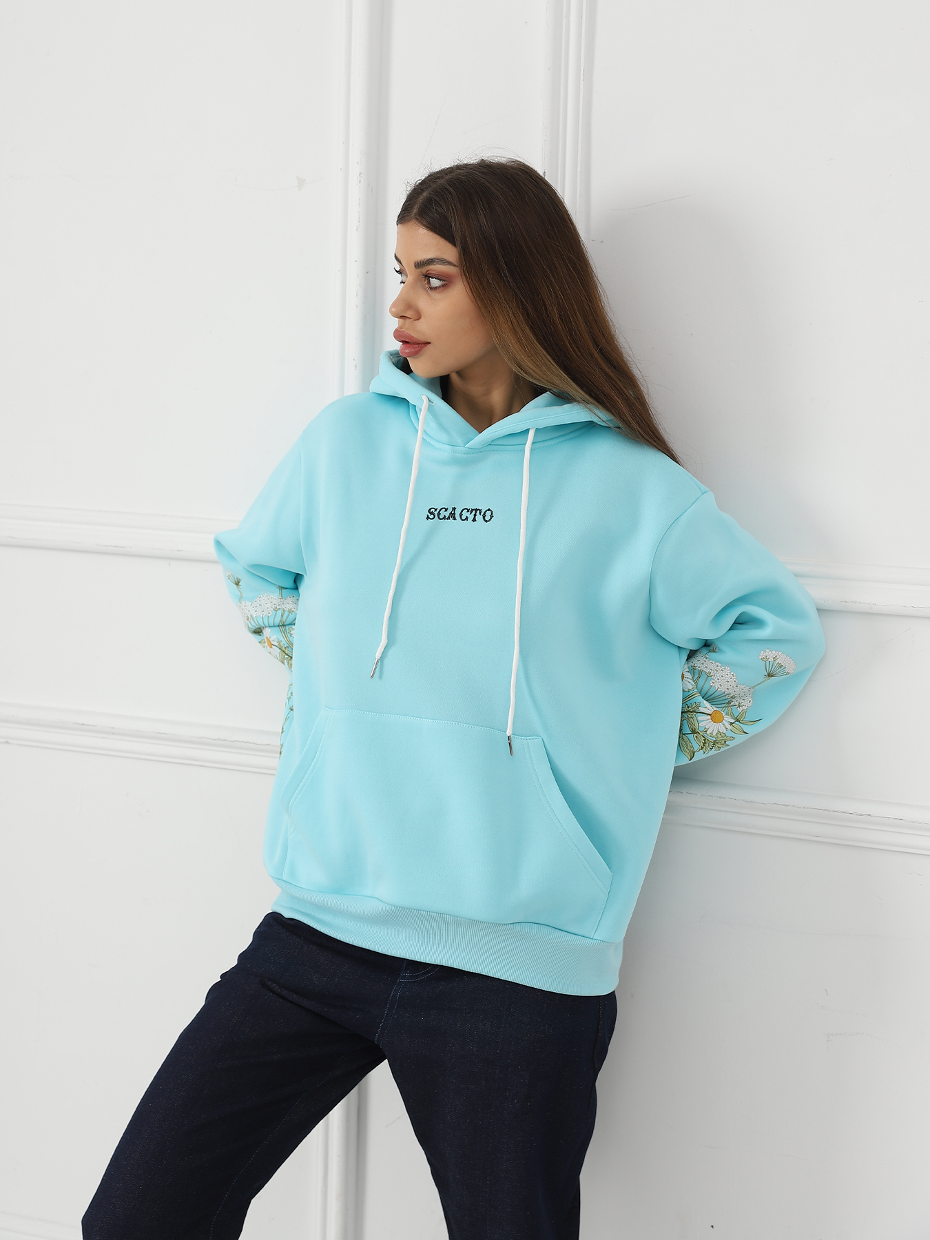 Women's Solid Color Floral Long Sleeved Sweatshirt - Image 6