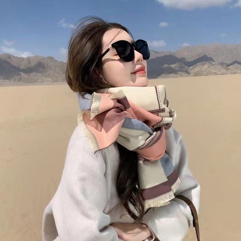 Korean Style Contrast Color Artificial Cashmere Scarf Women's New Winter - Image 8