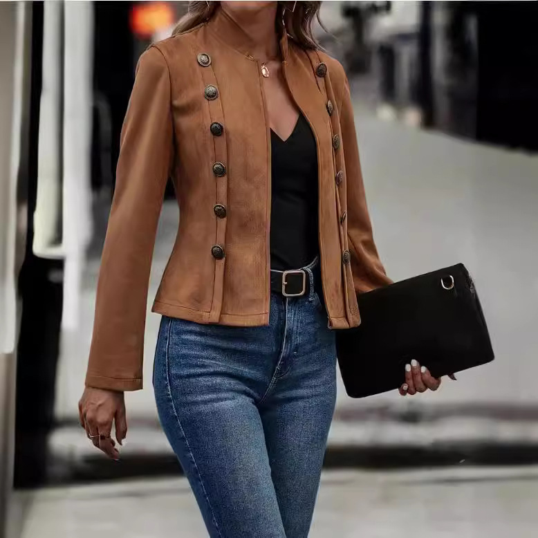 Women's Solid Color Double-breasted Decorative Deerskin Velvet Retro Long-sleeved Jacket - Image 6
