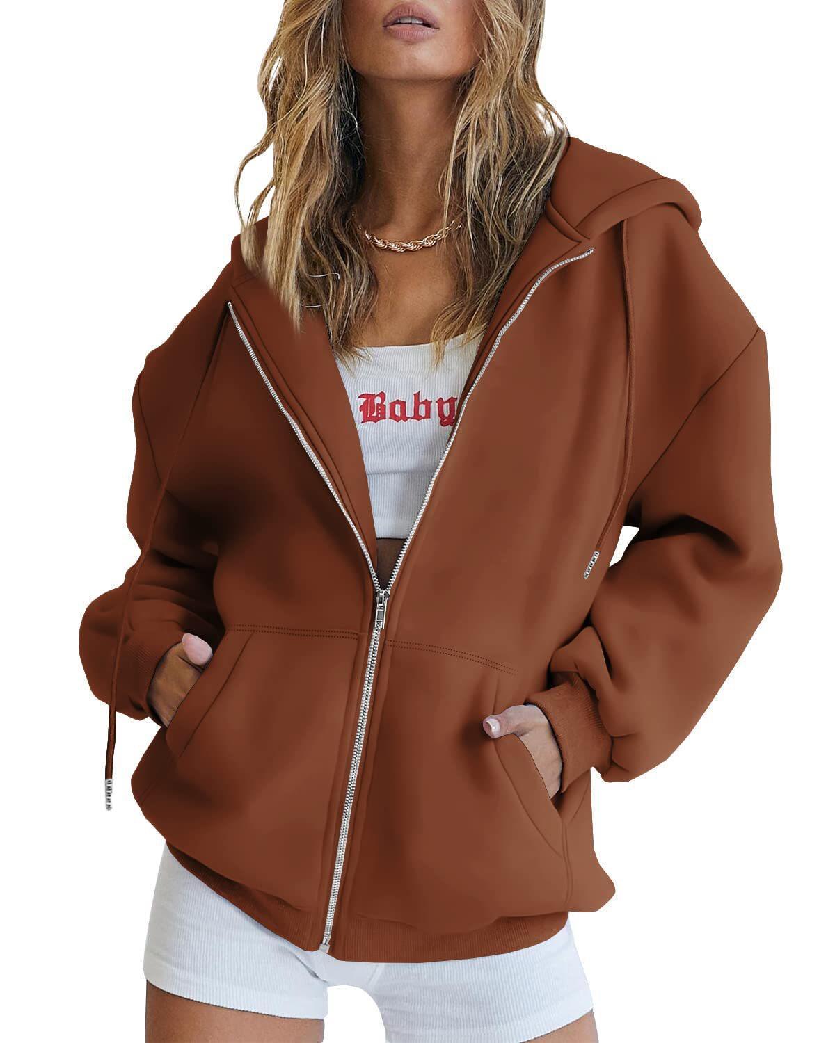 Women's Fashion Casual Solid Color Drawstring Zipper Hooded Sweatshirt - Image 3