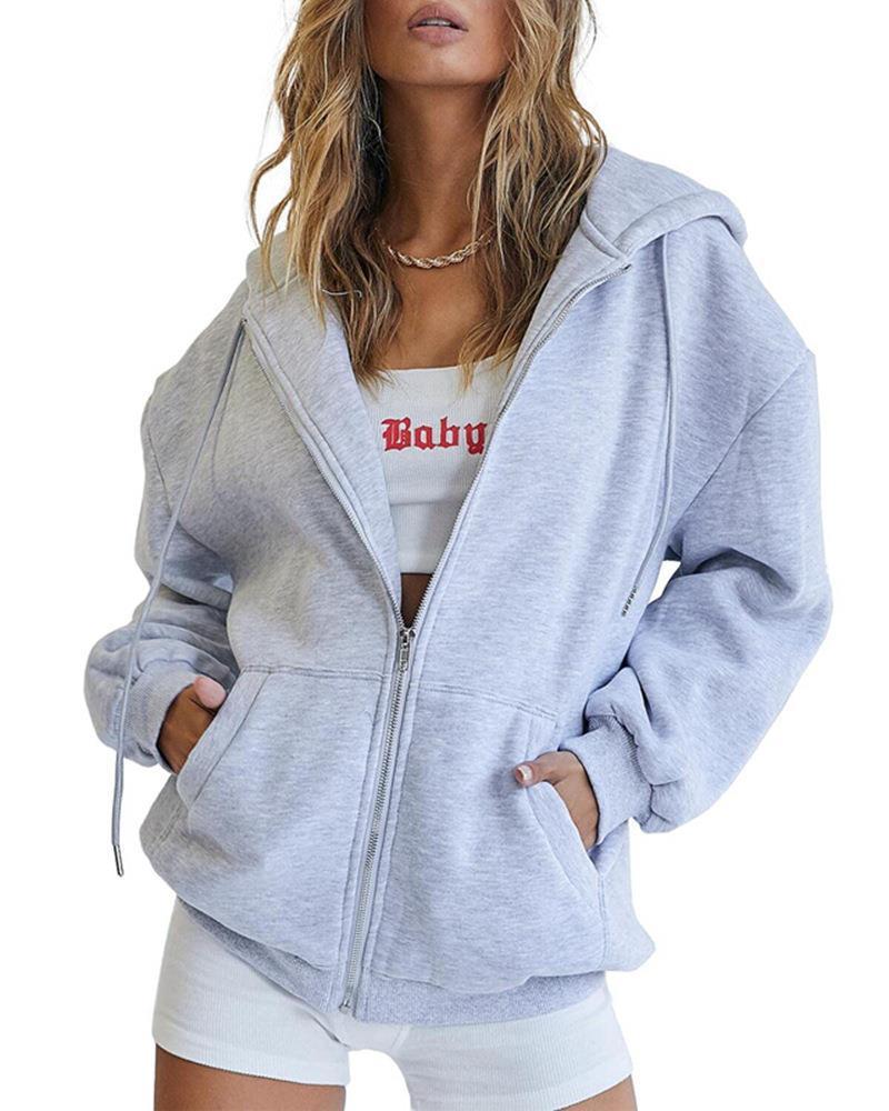 Women's Fashion Casual Solid Color Drawstring Zipper Hooded Sweatshirt - Image 5