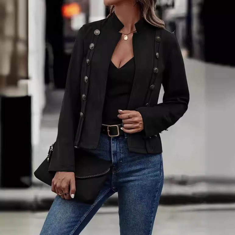 Women's Solid Color Double-breasted Decorative Deerskin Velvet Retro Long-sleeved Jacket - Image 8