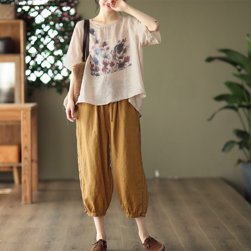 Summer New Vintage Ink Print Front Short Back Long Casual T-shirt - Image 3