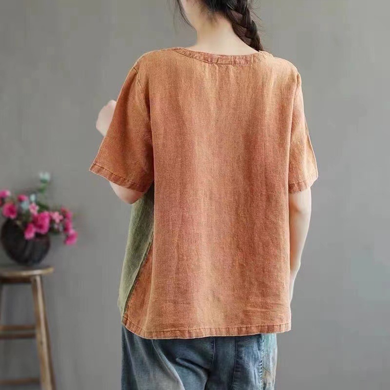 Cotton Linen Contrast Color T-shirt Artistic Design Half Sleeve Women - Image 7