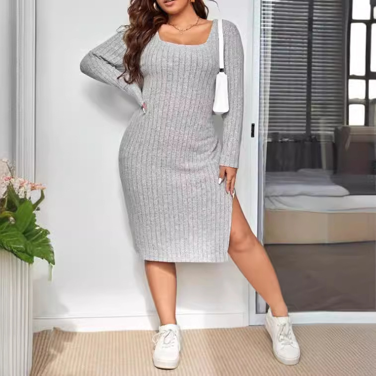 Long Sleeve Narrow Slit Slim-fitting Sunken Stripe Knitted Dress - Image 3