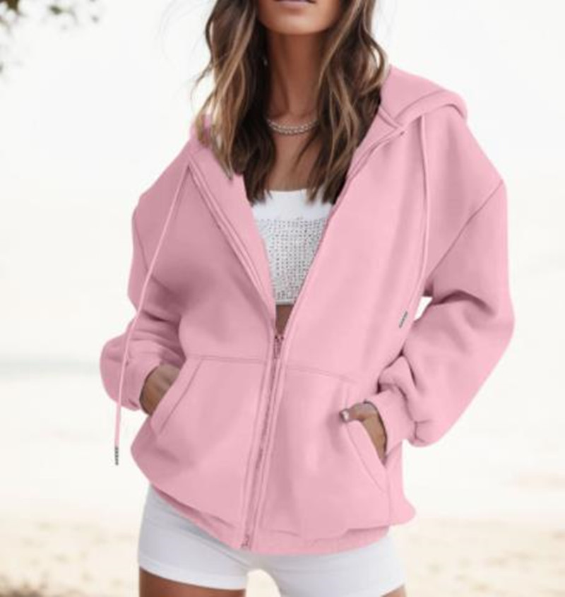 Women's Fashion Casual Solid Color Drawstring Zipper Hooded Sweatshirt - Image 6
