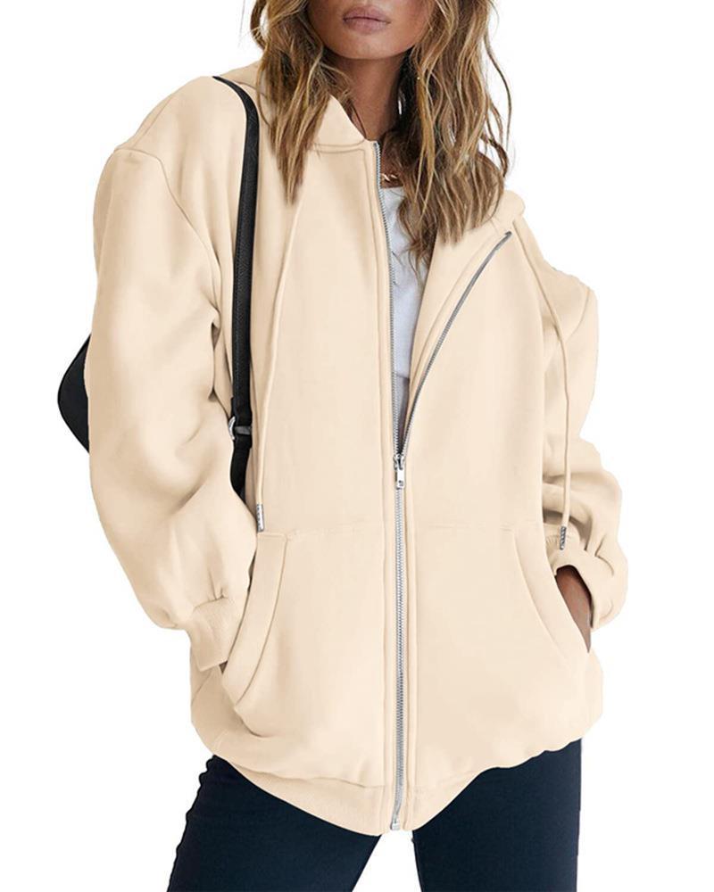 Women's Fashion Casual Solid Color Drawstring Zipper Hooded Sweatshirt - Image 4