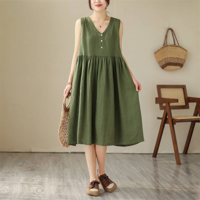 Summer New Japanese Loose Solid Color Cotton Linen V-neck Sleeveless Dress For Women - Image 6
