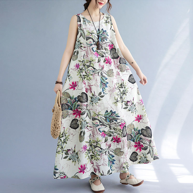 Printed Cotton Linen Round Neck Sleeveless Dress Women's - Image 8