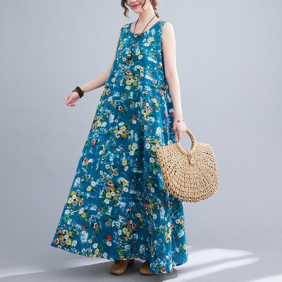 Printed Cotton Linen Round Neck Sleeveless Dress Women's - Image 6