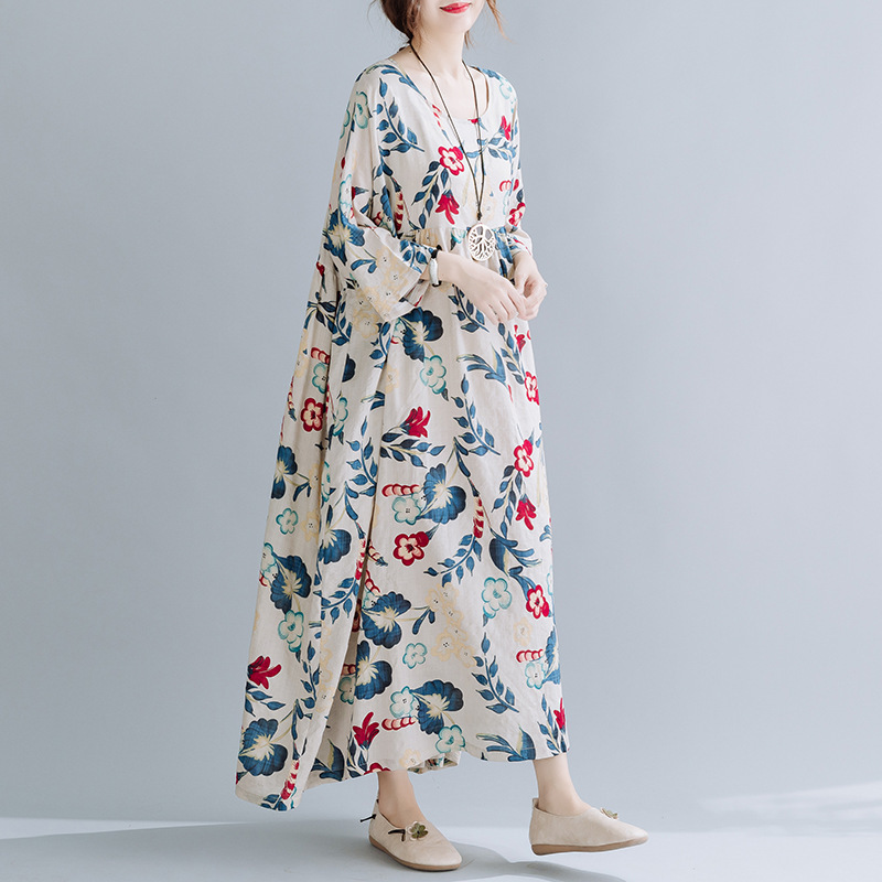 Plus Size Loose Panel Cotton Linen Print Short Sleeve Dress - Image 4