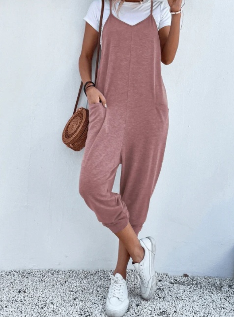 Women's Solid Color Zipper Patch Pocket Sling Jumpsuit For Women - Image 5
