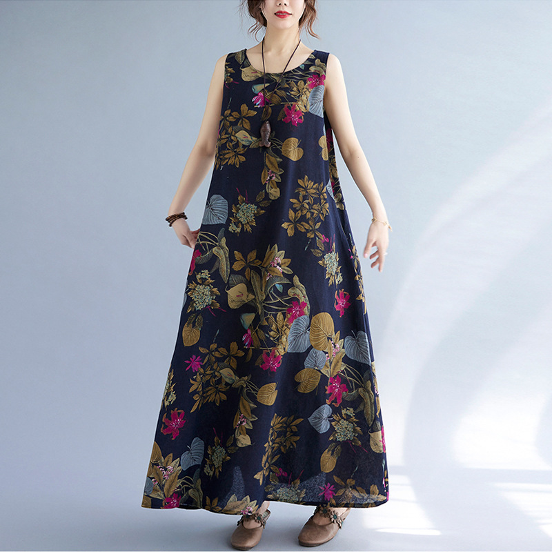 Printed Cotton Linen Round Neck Sleeveless Dress Women's - Image 9
