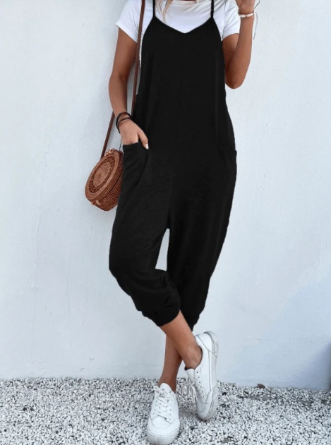 Women's Solid Color Zipper Patch Pocket Sling Jumpsuit For Women - Image 3