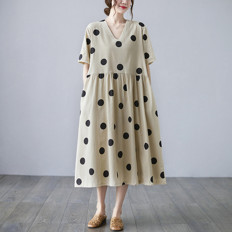 Loose-paneled Cotton And Linen V-neck Short-sleeved Dress - Image 6