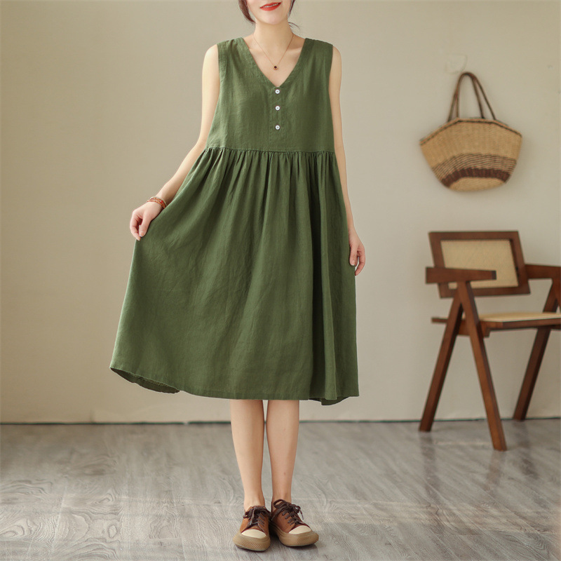 Summer New Japanese Loose Solid Color Cotton Linen V-neck Sleeveless Dress For Women - Image 5