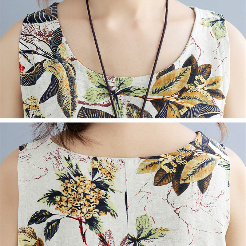Printed Cotton Linen Round Neck Sleeveless Dress Women's - Image 5