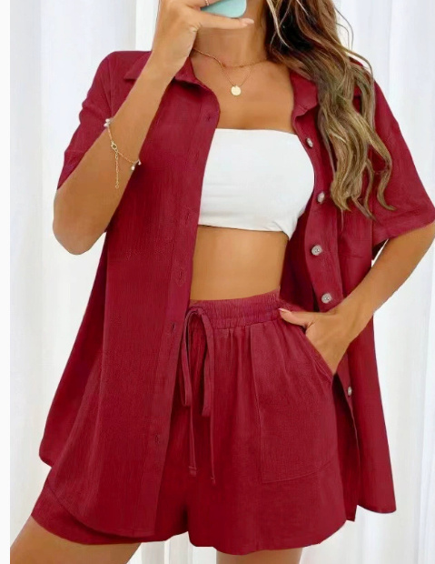 Women's Fashion Shorts Two Pieces Solid Color Shirt Suit - Image 6