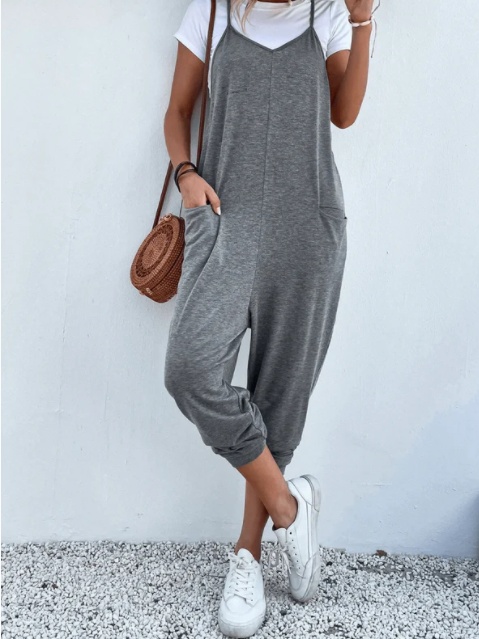 Women's Solid Color Zipper Patch Pocket Sling Jumpsuit For Women - Image 2
