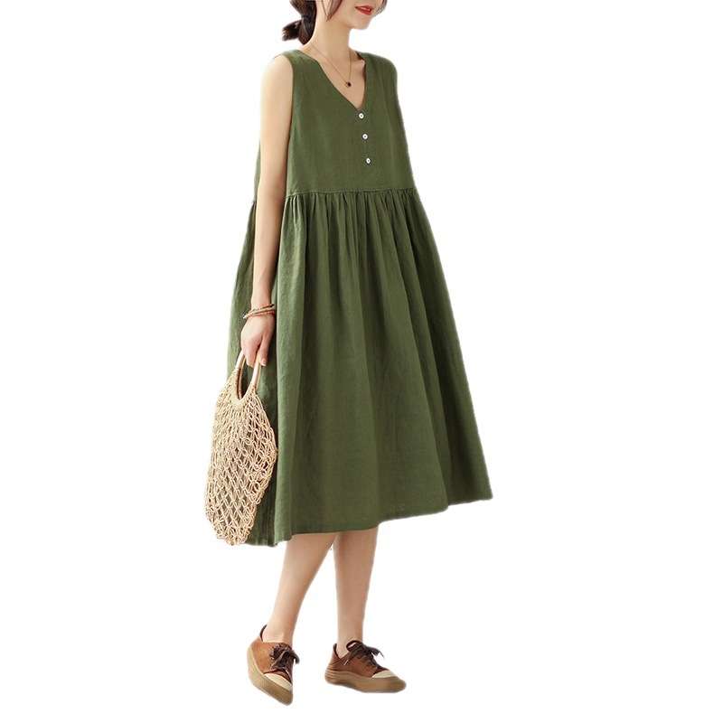 Summer New Japanese Loose Solid Color Cotton Linen V-neck Sleeveless Dress For Women - Image 3