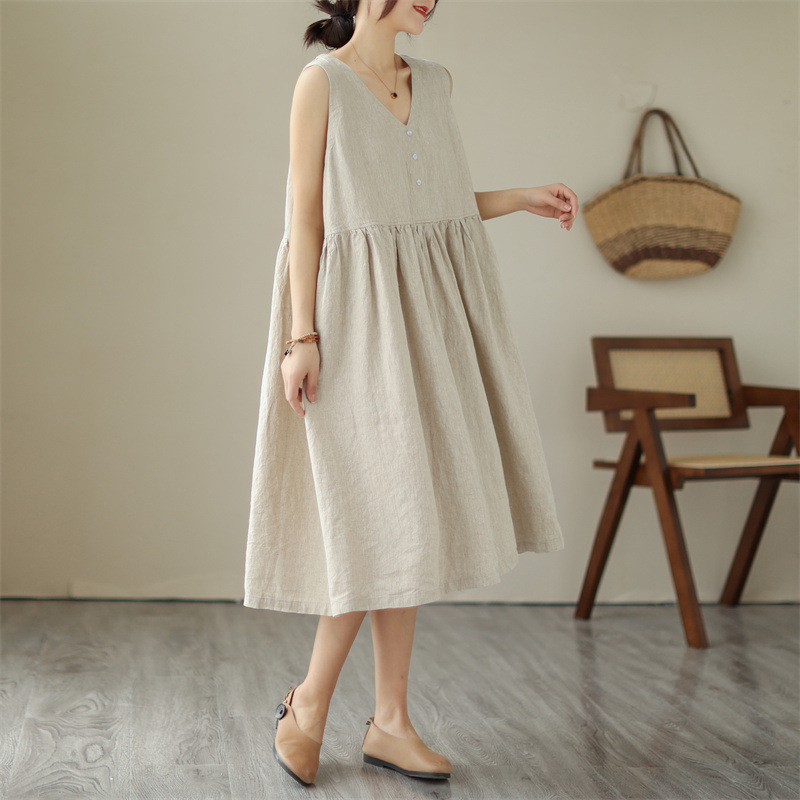 Summer New Japanese Loose Solid Color Cotton Linen V-neck Sleeveless Dress For Women - Image 7