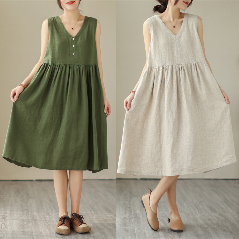 Summer New Japanese Loose Solid Color Cotton Linen V-neck Sleeveless Dress For Women - Image 2