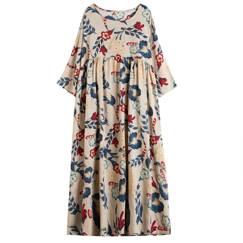 Plus Size Loose Panel Cotton Linen Print Short Sleeve Dress - Image 2