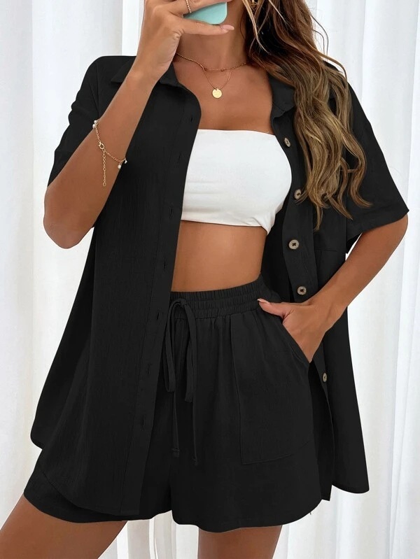 Women's Fashion Shorts Two Pieces Solid Color Shirt Suit - Image 10