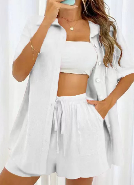Women's Fashion Shorts Two Pieces Solid Color Shirt Suit - Image 7