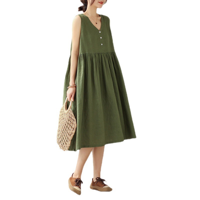 Summer New Japanese Loose Solid Color Cotton Linen V-neck Sleeveless Dress For Women - Image 9